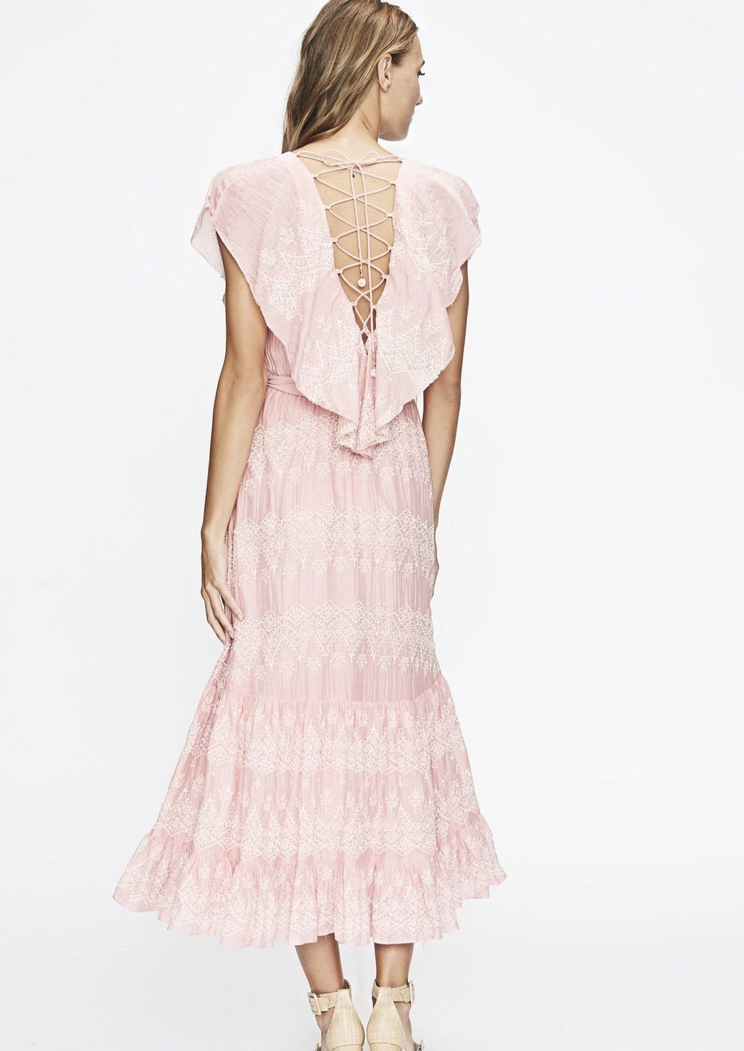 Pink Ruffle Lace Up Dress- Sizes M & L - Milou Palm Beach