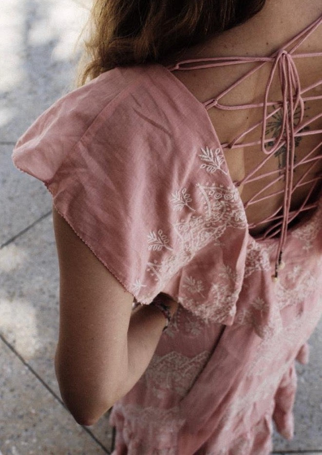 Pink Ruffle Lace Up Dress- Sizes M & L - Milou Palm Beach